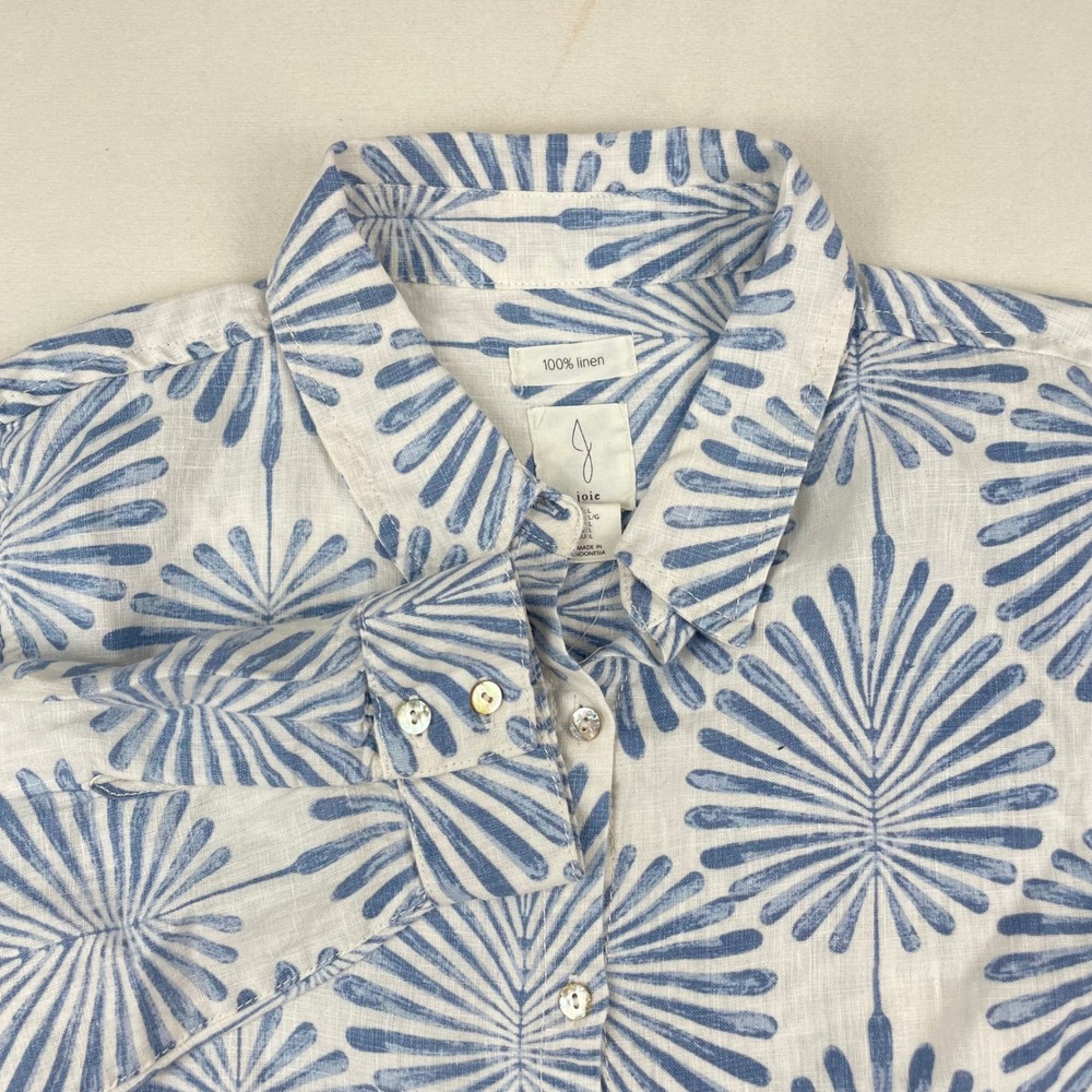 Joie Mens Blue White Palm Leaf Print 100% Linen Button Up Shirt Large 0443